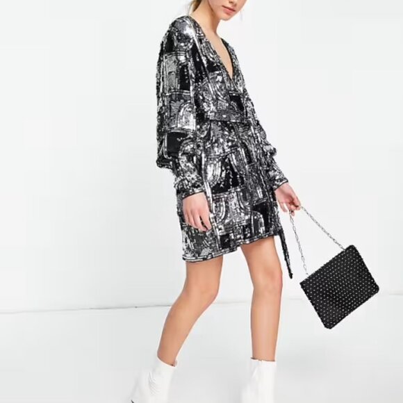 ASOS Edition Sequin Wrap Mini Dress - Black and Silver - Picture 1 of 5